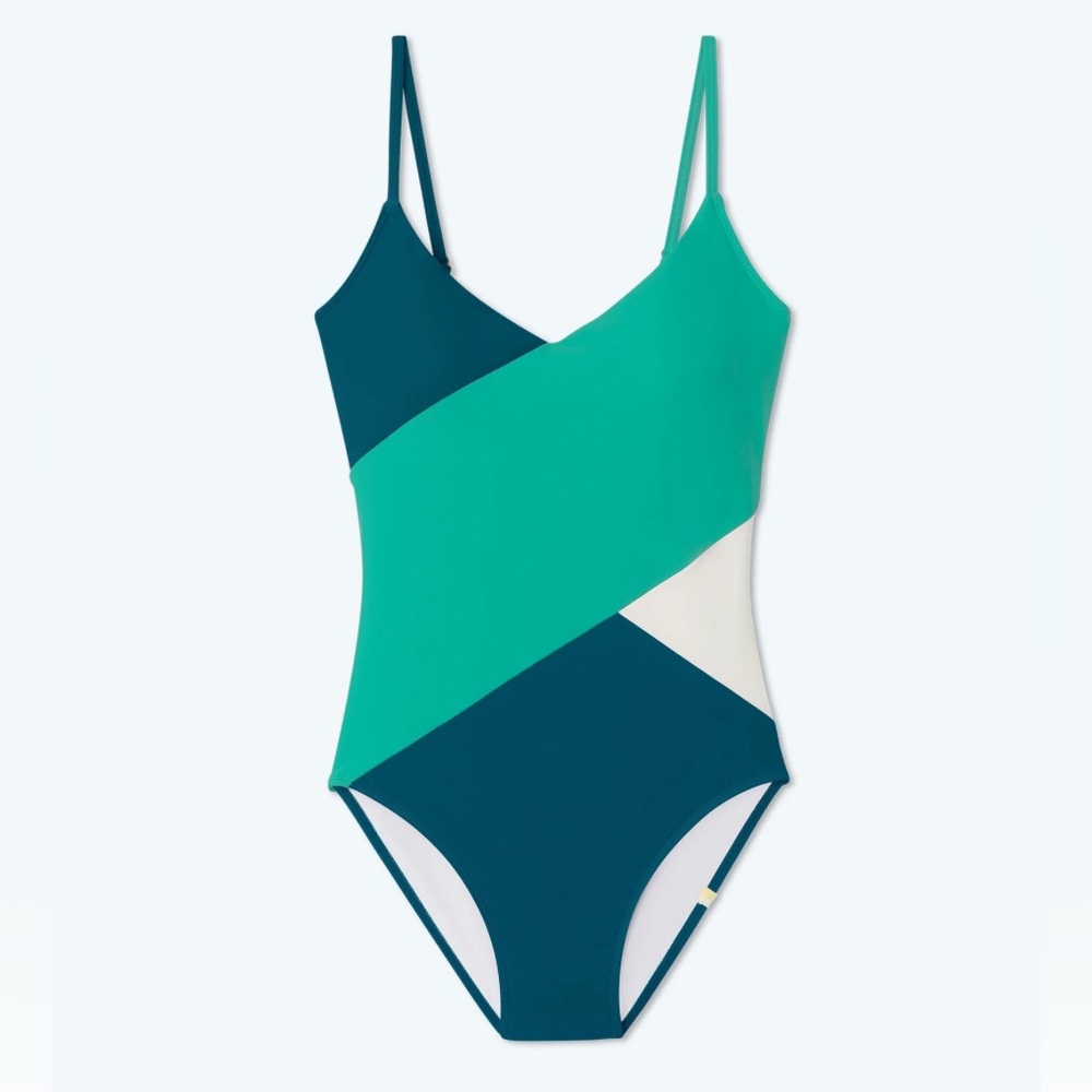 summersalt Colorblock One-Piece Swimsuit in Teal, Aqua & White
